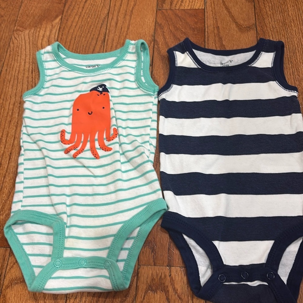 2 Nautical Carter’s Baby sleeveless onesies 12M- blue & white stripes & octopus